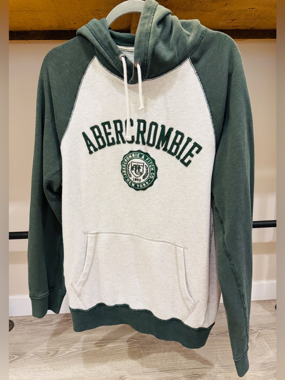 Vintage Men’s Abercrombie Two-Tone Embroidered Hoodie in Forest Green and Grey L